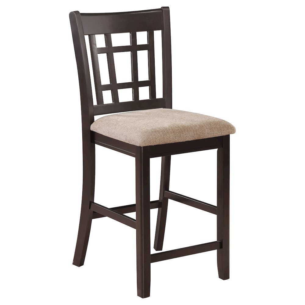 Brown Wood Counter Stool Set of 2 with Lattice Back Design and Upholstered Seats. Picture 4
