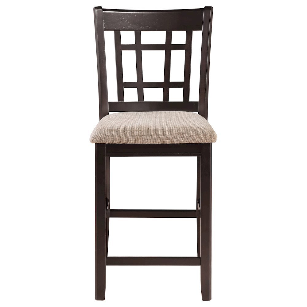 Brown Wood Counter Stool Set of 2 with Lattice Back Design and Upholstered Seats. Picture 5