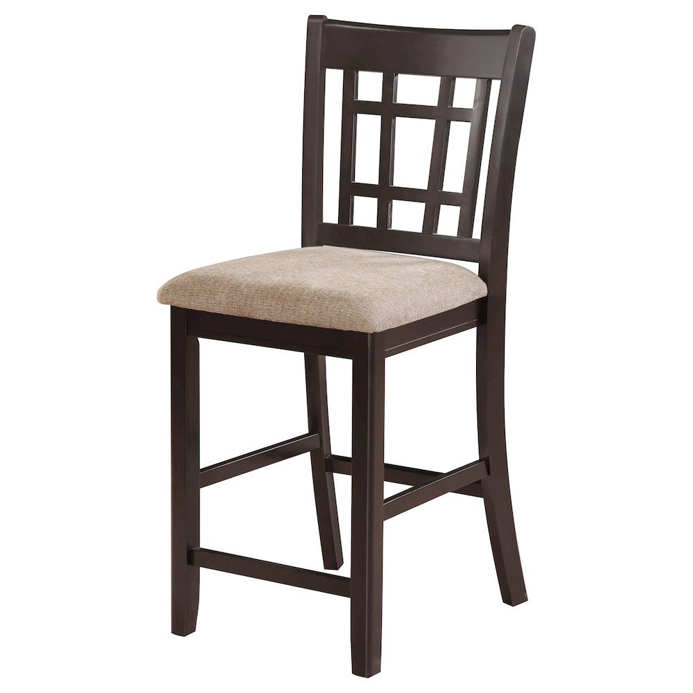 Brown Wood Counter Stool Set of 2 with Lattice Back Design and Upholstered Seats. Picture 6