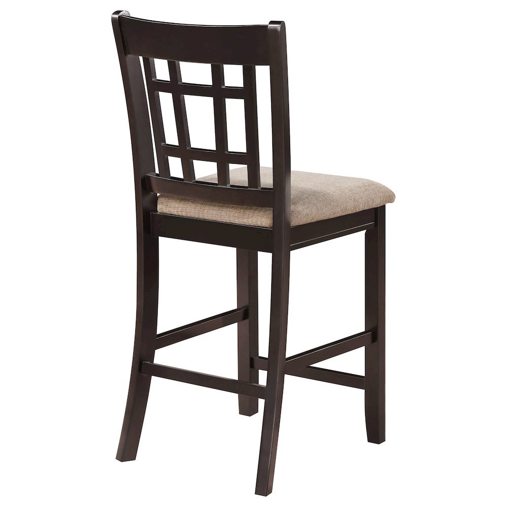 Brown Wood Counter Stool Set of 2 with Lattice Back Design and Upholstered Seats. Picture 9