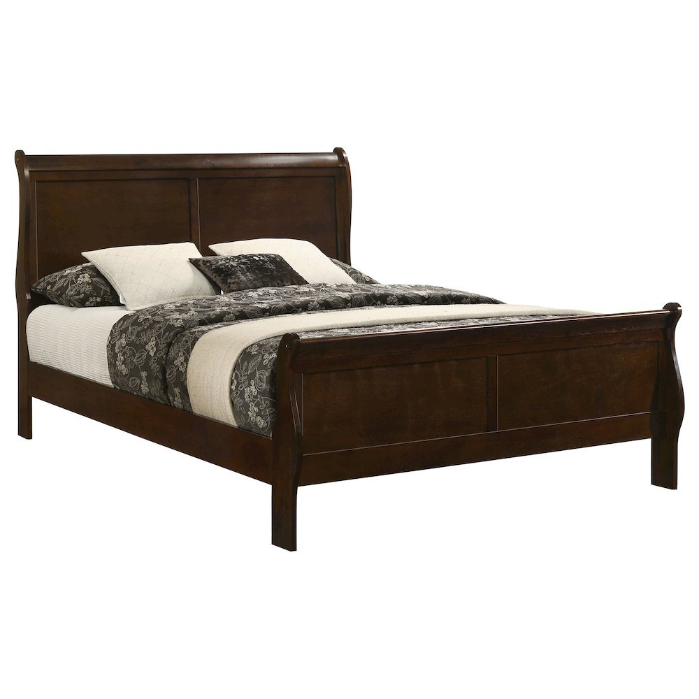 Wood King Bed Frame in Cappuccino Finish, Elegant King Size Sleigh Design. Picture 1
