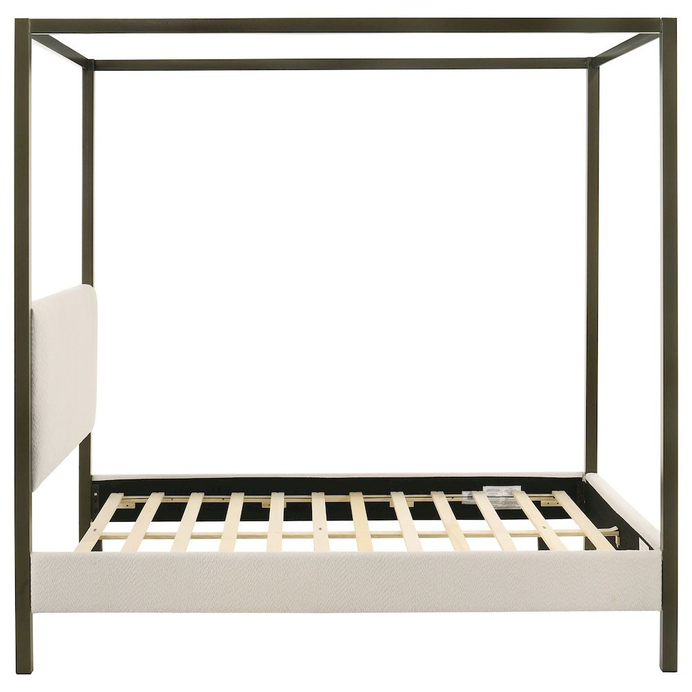 Queen Size Canopy Bed Frame with Upholstered Panels in Vanilla Finish. Picture 6