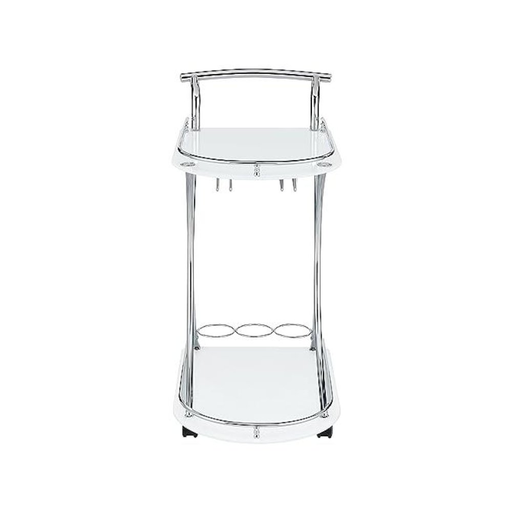 Modern 2-Shelf Bar Cart with Chrome Frame and White Glass for Home. Picture 5