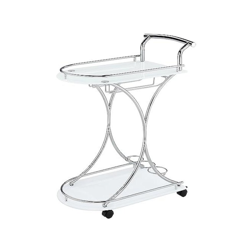 Modern 2-Shelf Bar Cart with Chrome Frame and White Glass for Home. Picture 6