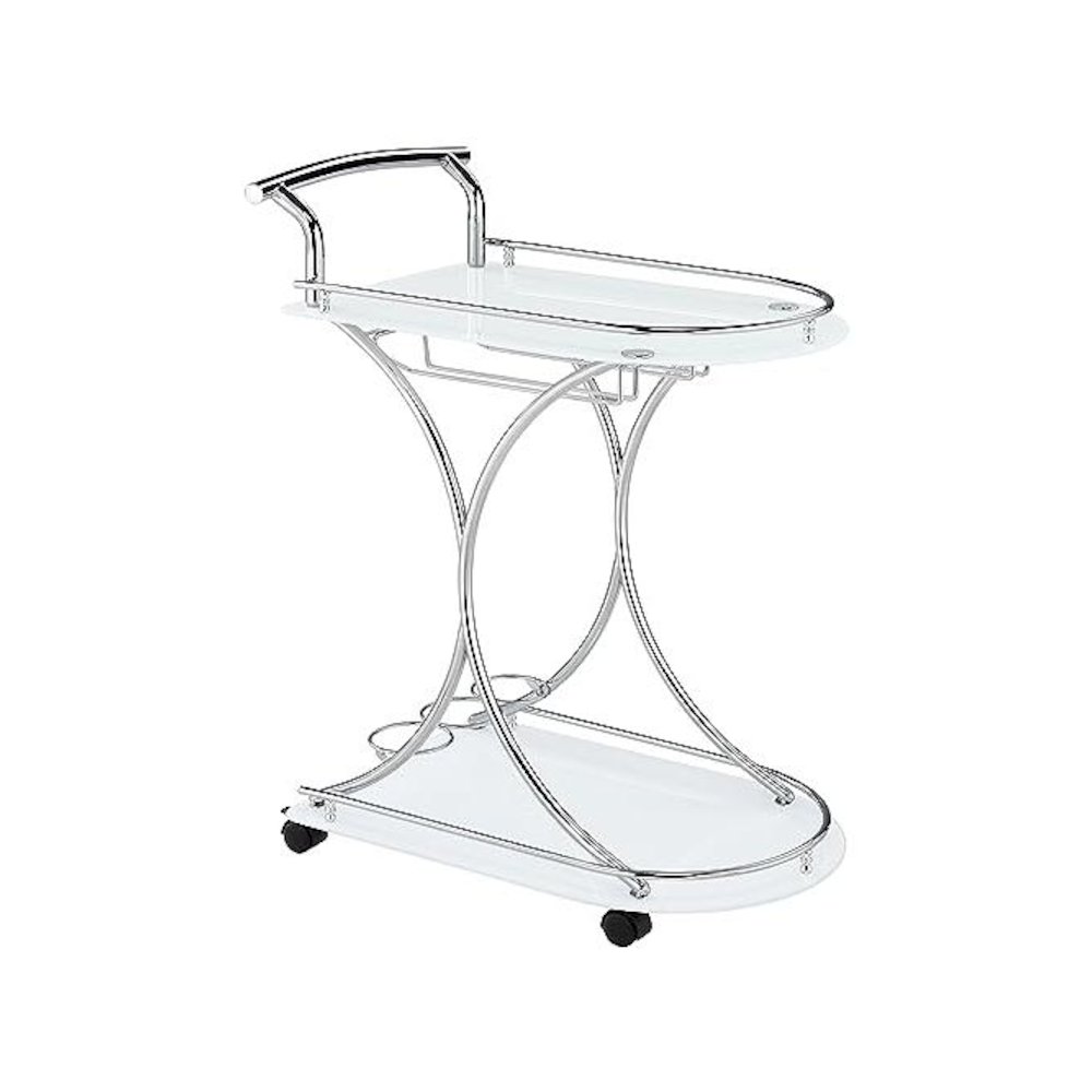 Modern 2-Shelf Bar Cart with Chrome Frame and White Glass for Home. Picture 1