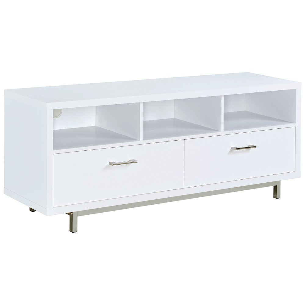 Modern White TV Stand 60 Inch, Engineered Wood, Two Drawers, Chrome Metal Base.. Picture 1