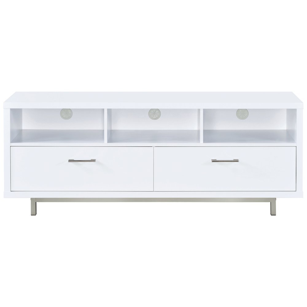 Modern White TV Stand 60 Inch, Engineered Wood, Two Drawers, Chrome Metal Base.. Picture 4