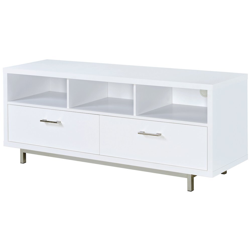 Modern White TV Stand 60 Inch, Engineered Wood, Two Drawers, Chrome Metal Base.. Picture 5