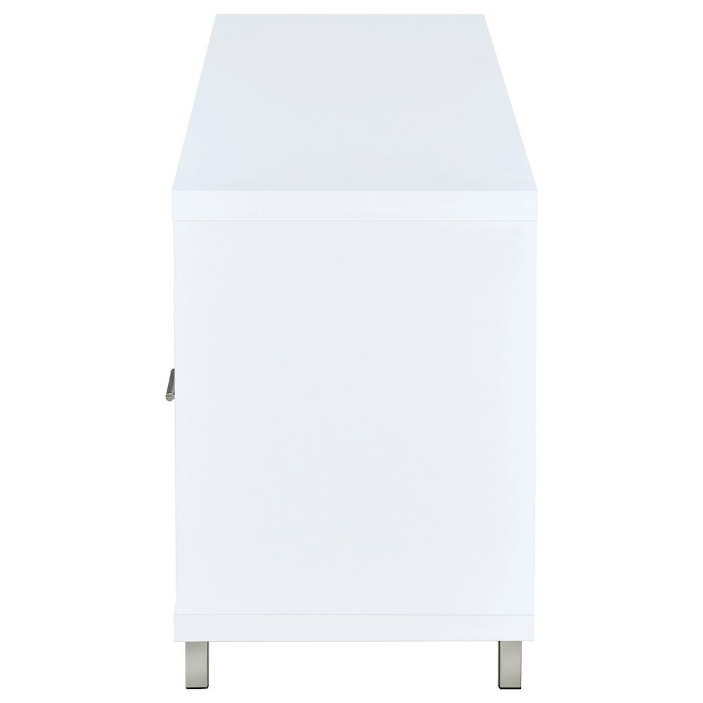 Modern White TV Stand 60 Inch, Engineered Wood, Two Drawers, Chrome Metal Base.. Picture 7