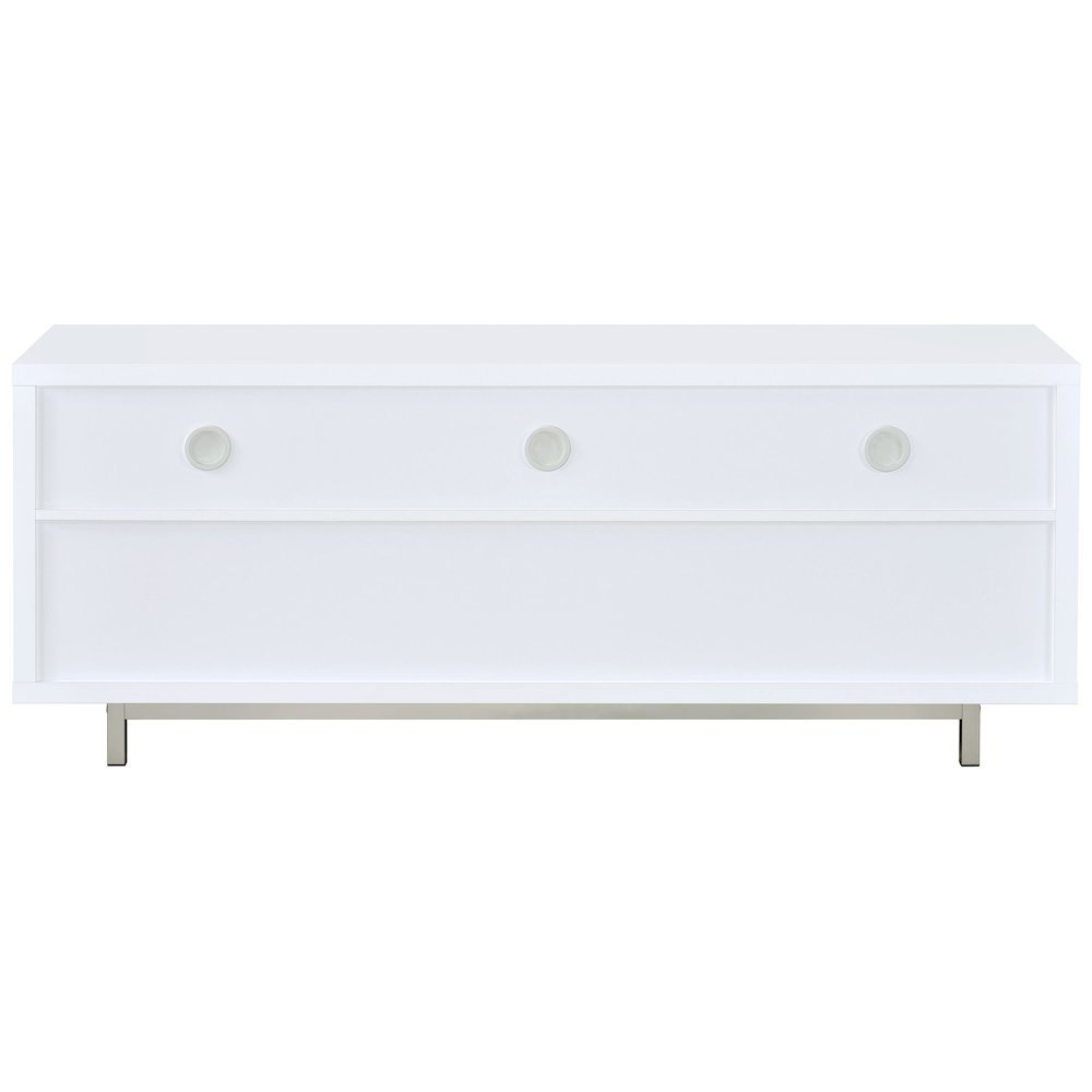 Modern White TV Stand 60 Inch, Engineered Wood, Two Drawers, Chrome Metal Base.. Picture 6