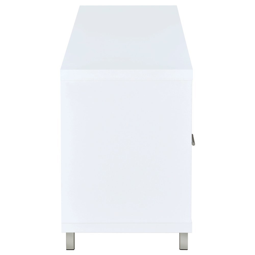 Modern White TV Stand 60 Inch, Engineered Wood, Two Drawers, Chrome Metal Base.. Picture 8