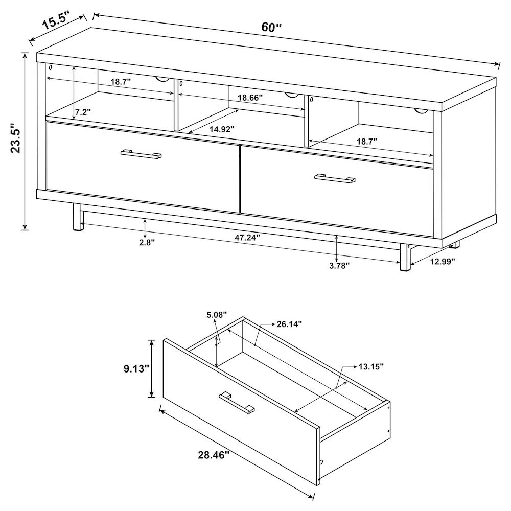 Modern White TV Stand 60 Inch, Engineered Wood, Two Drawers, Chrome Metal Base.. Picture 9