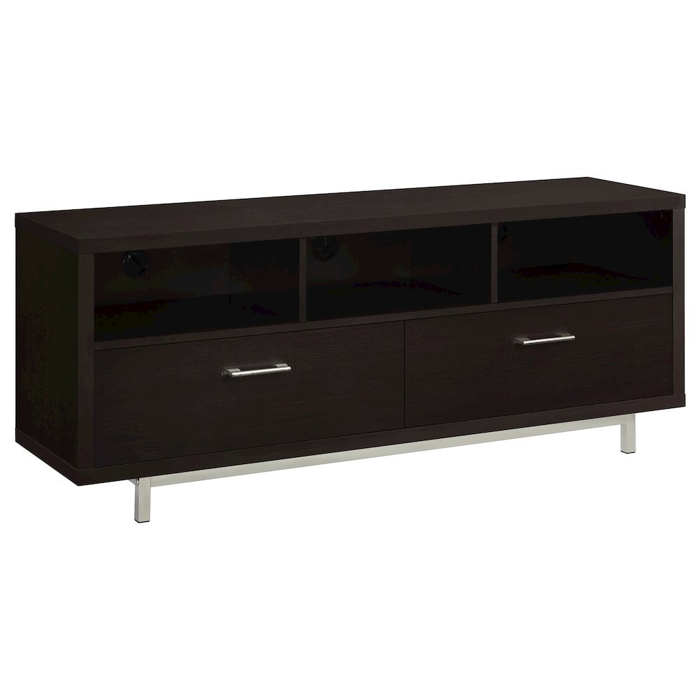 Modern Cappuccino TV Stand 60 Inch, Engineered Wood, 2-Drawer, Chrome Metal Base. Picture 1