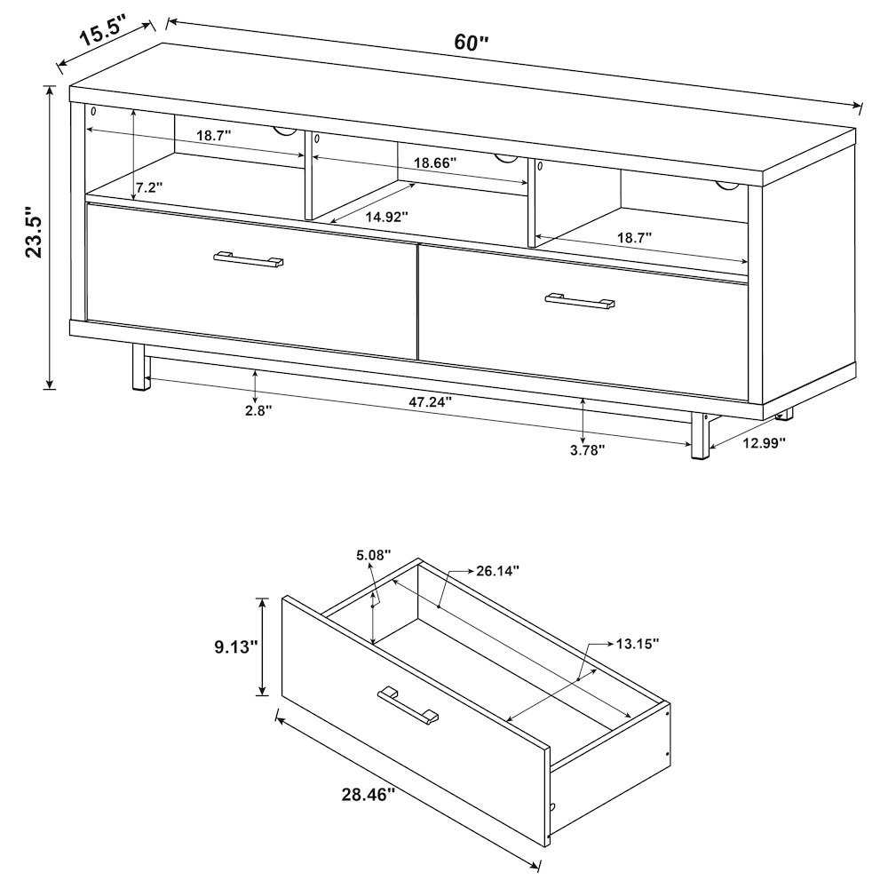 Modern Cappuccino TV Stand 60 Inch, Engineered Wood, 2-Drawer, Chrome Metal Base. Picture 4