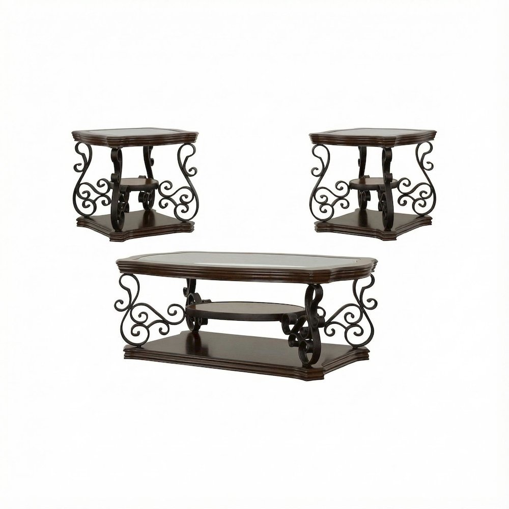 Dark Merlot 3-Piece Glass Top Coffee and End Table Set with Traditional Design. Picture 1