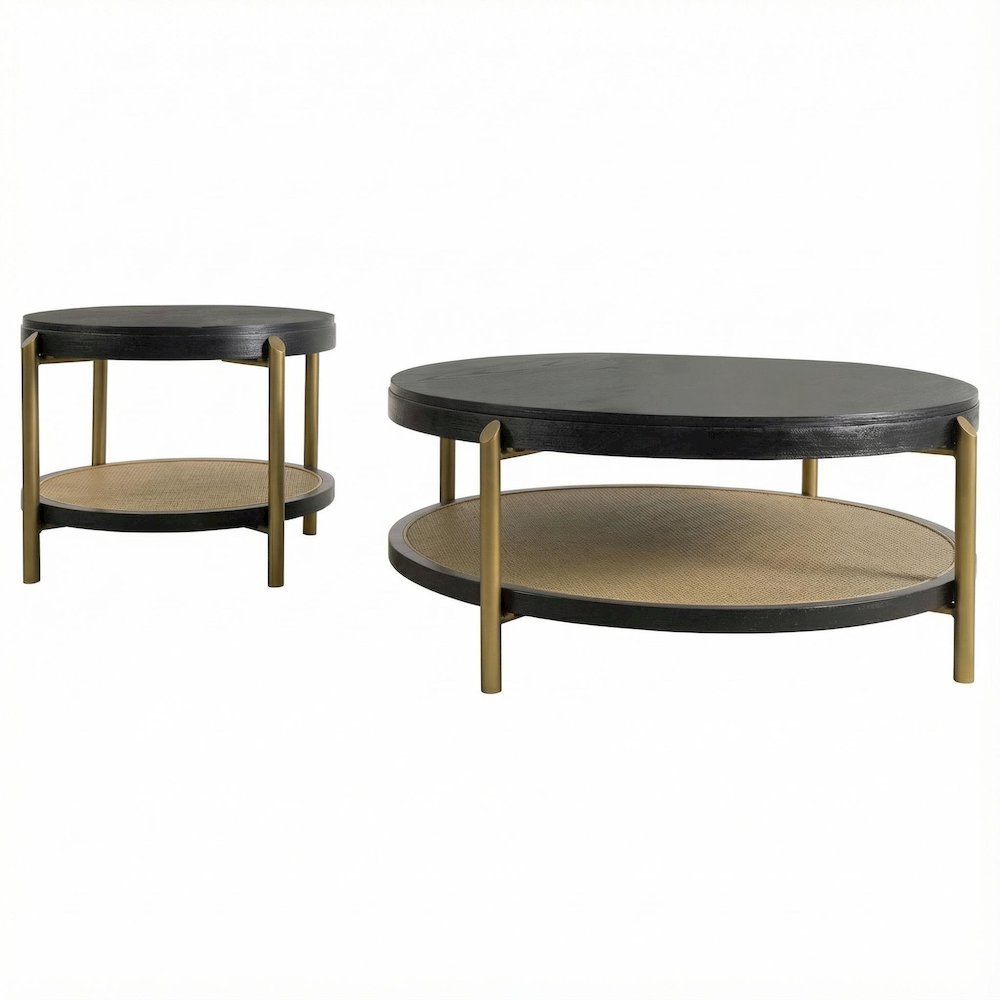 Black 2-Piece Round Coffee and End Table Set with Sturdy Design. Picture 1
