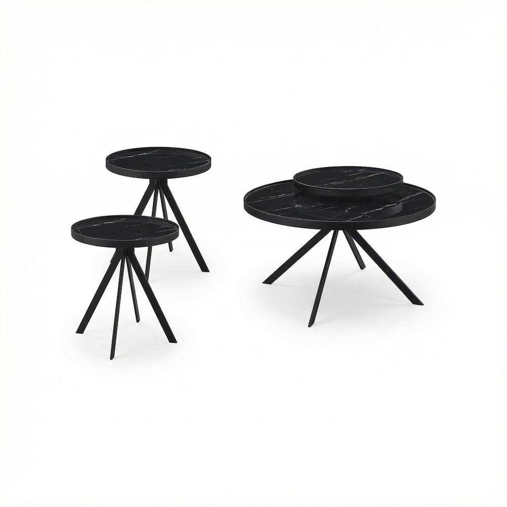 Black 3-Piece Round Coffee and End Table Set with Contemporary Design. Picture 1