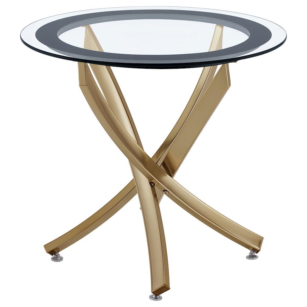 Round End Table, Brass Metal Base, Tempered Glass Top, Elegant Petite Design. Picture 1