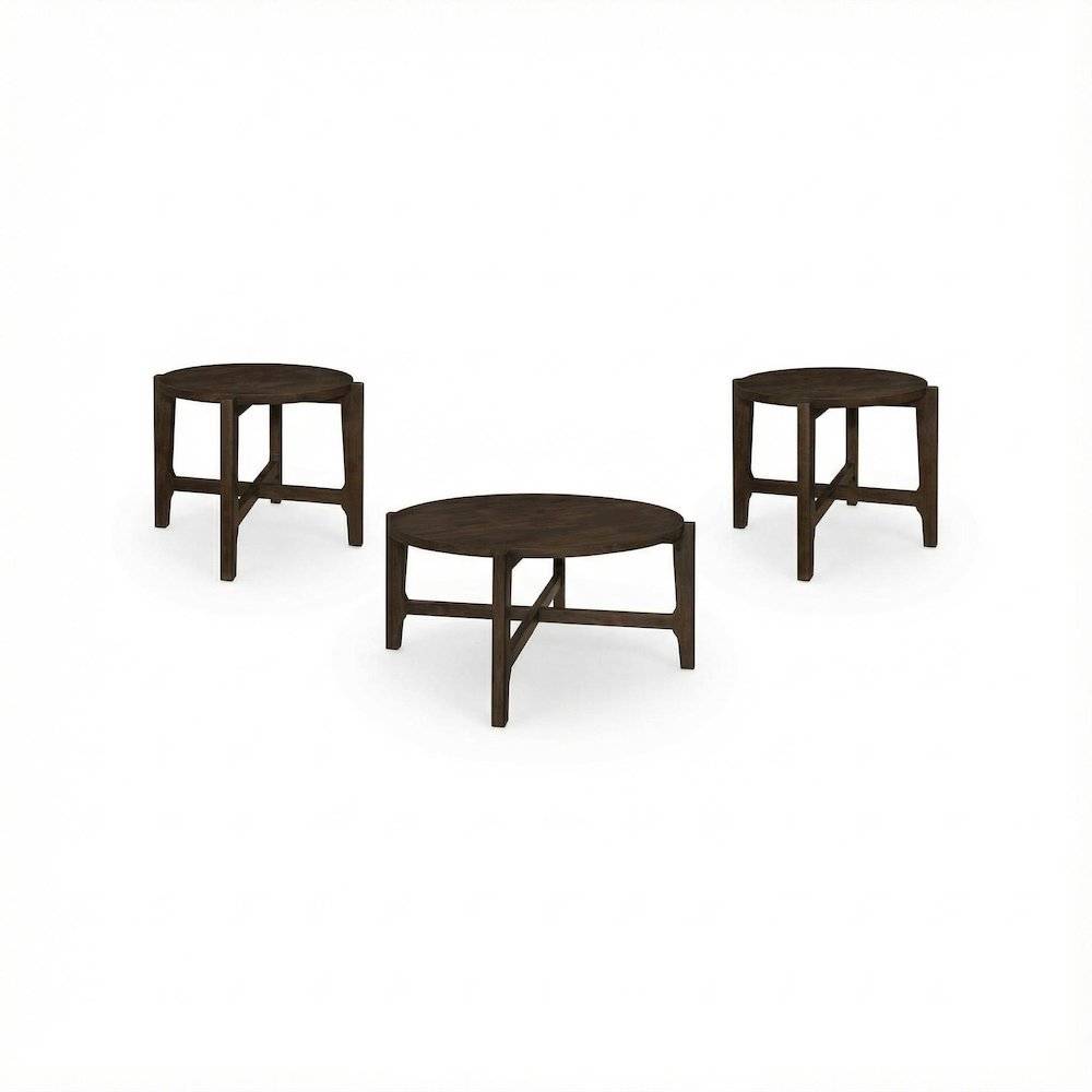 Dark Brown 3-Piece Solid Wood Coffee and End Table Set with Round Shape. Picture 1