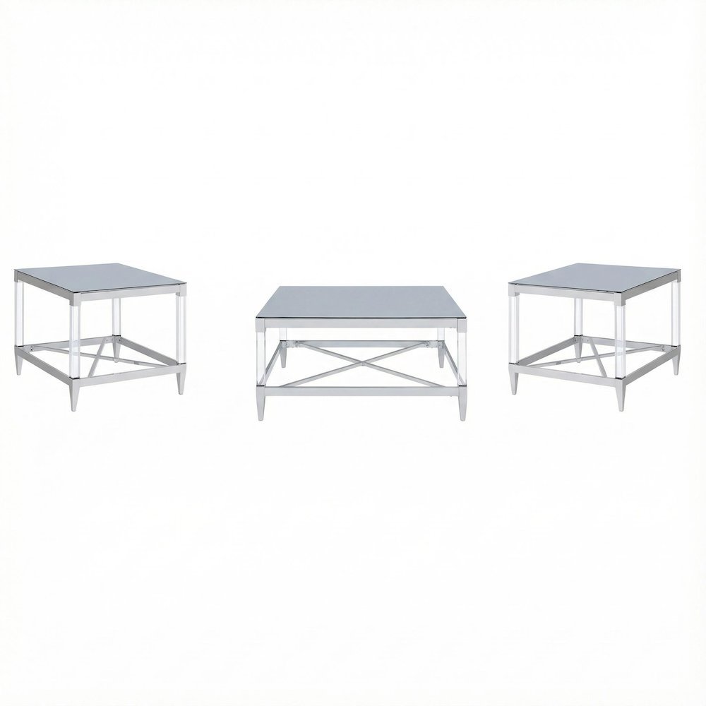 3-Piece Square Chrome Coffee and End Table Set with Plastic Glides. Picture 1