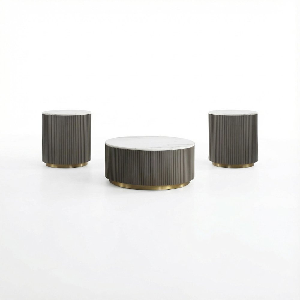 White 3-Piece Round Marble Coffee and End Table Set with Contemporary Style. Picture 1