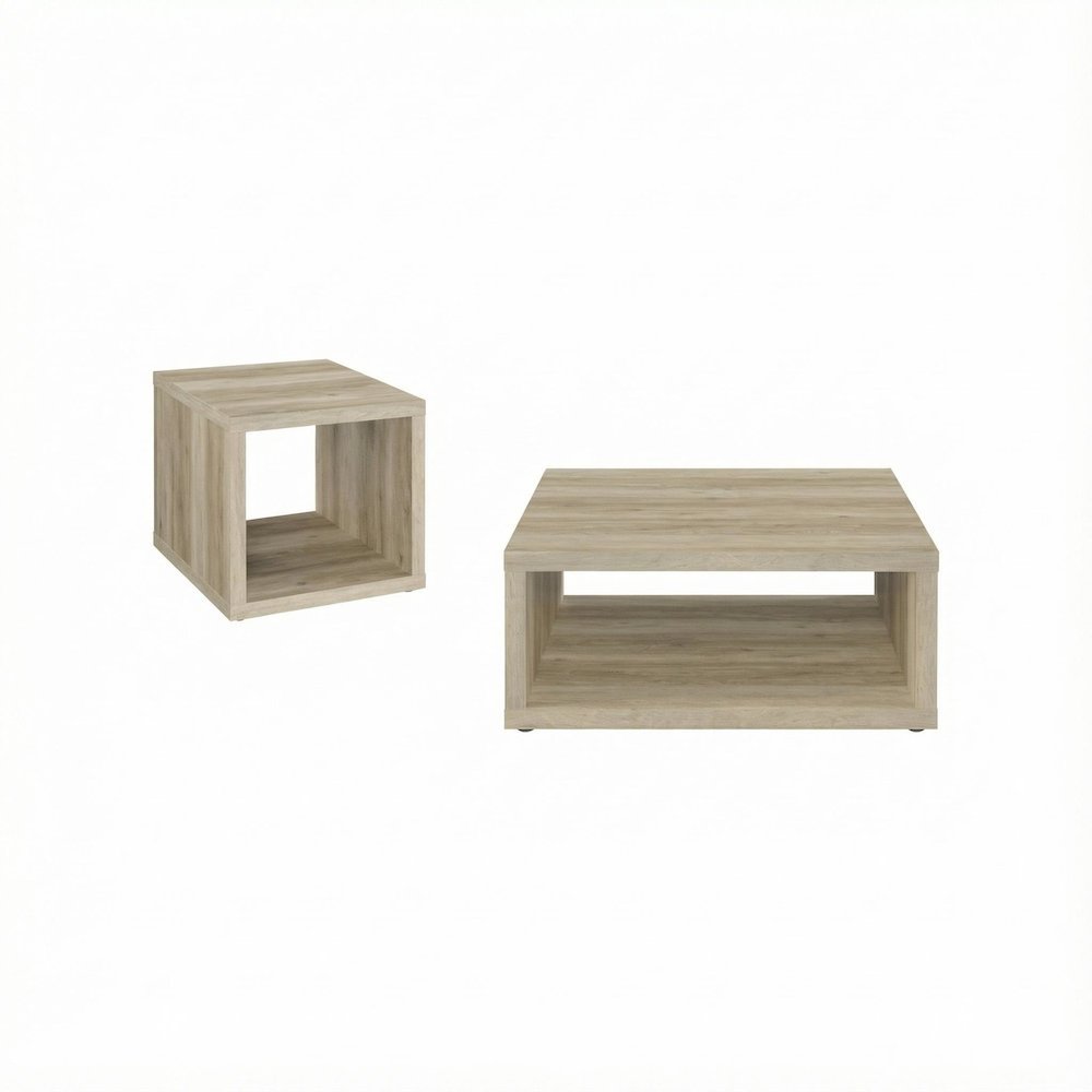 Distressed Pine 2-Piece Coffee and End Table Set with Square Shape. Picture 1