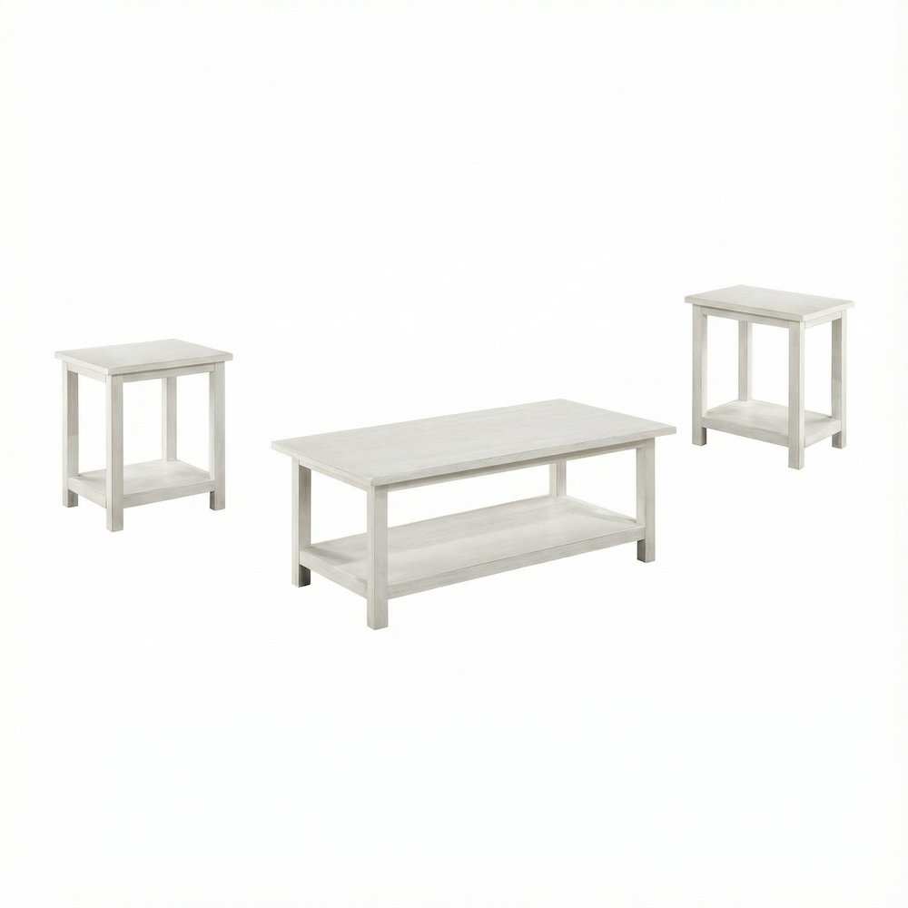 Distressed White 3-Piece Coffee and End Table Set with Rectangular Shape. Picture 1