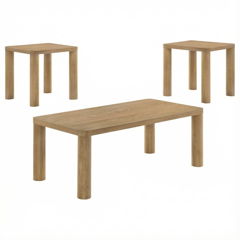 Light Oak 3-Piece Coffee Table Set with Rectangular Top and End Tables. Picture 1