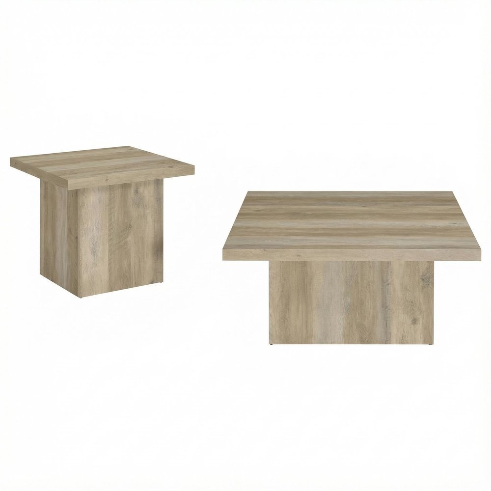 Distressed Pine 2-Piece Square Coffee and End Table Set with Plastic Glides. Picture 1