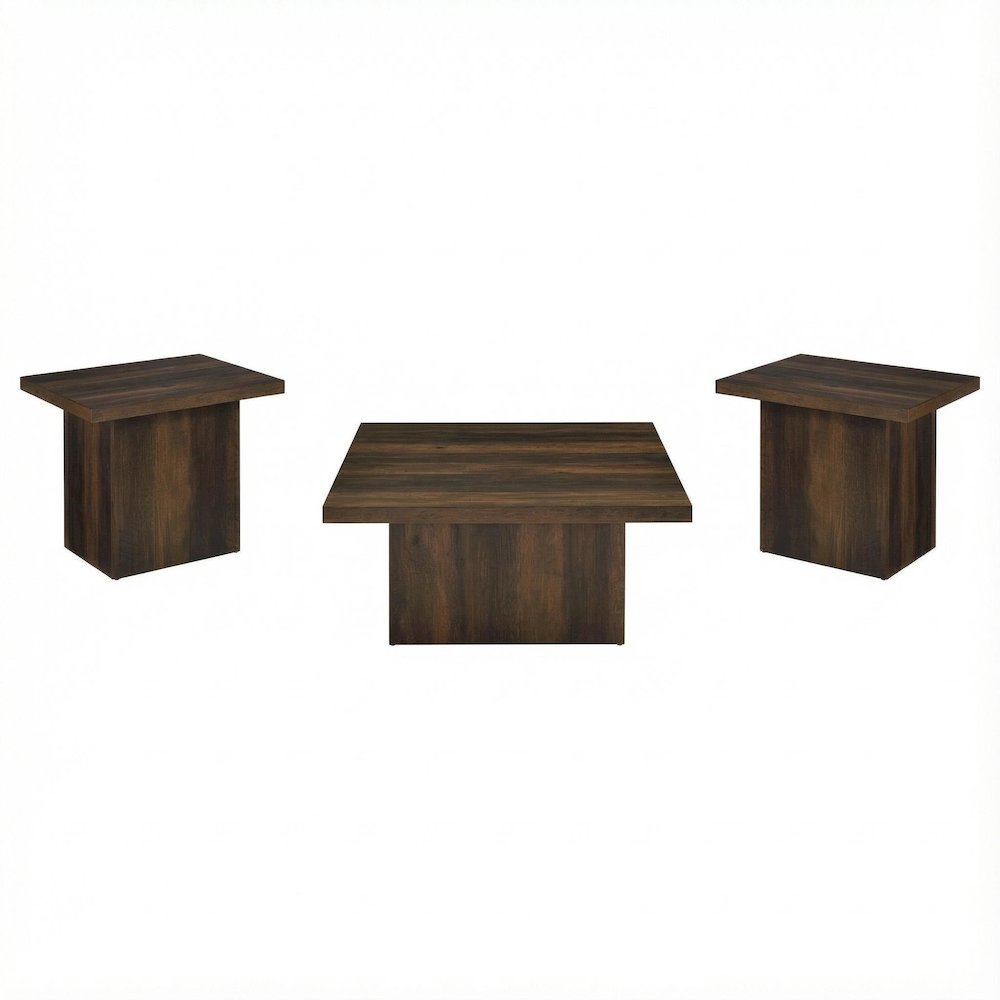 Dark Pine 3-Piece Square Coffee and End Table Set with Plastic Glides. Picture 1