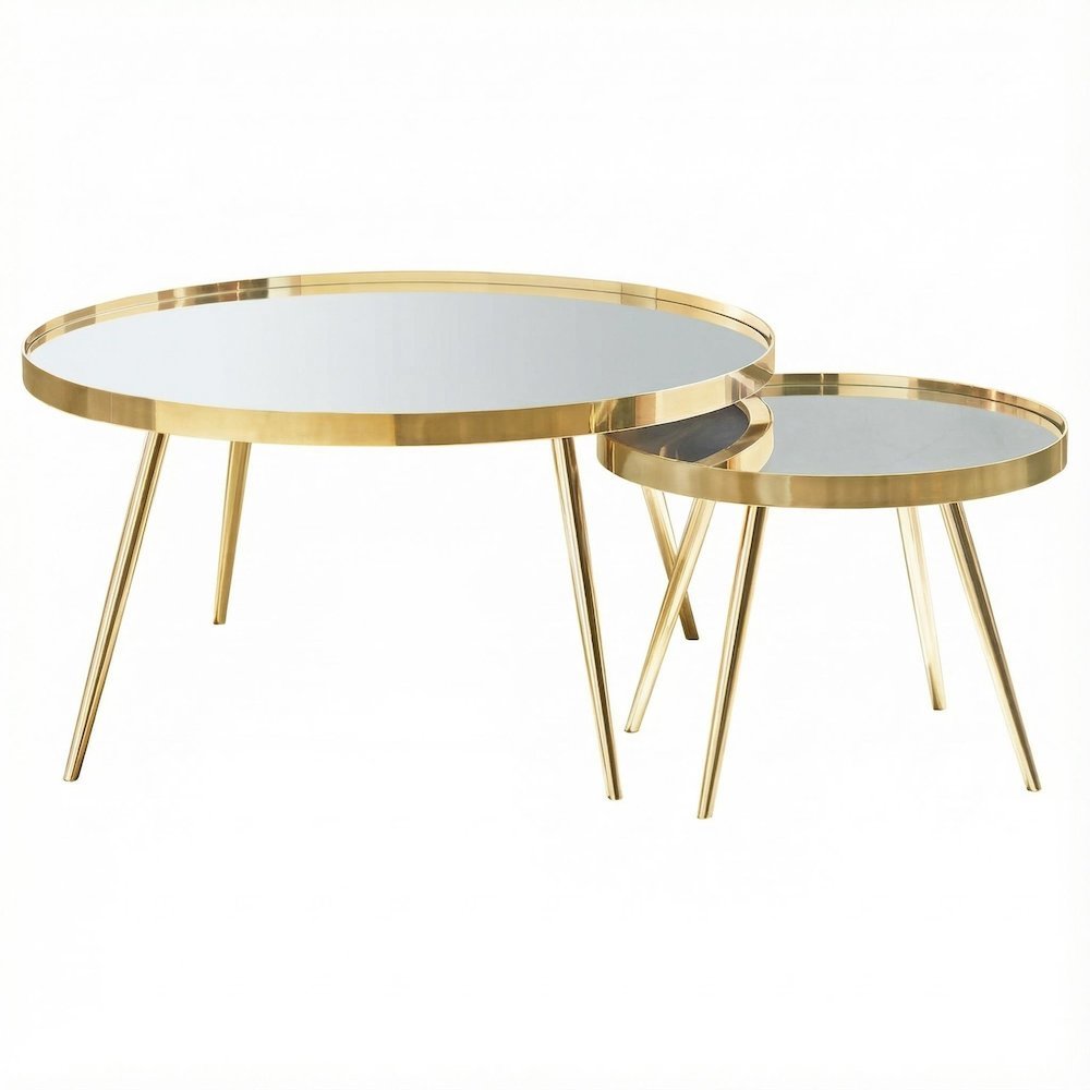 Gold Round Nesting Coffee Tables, Mirror Tops, 2-Piece Set, Contemporary Design. Picture 1