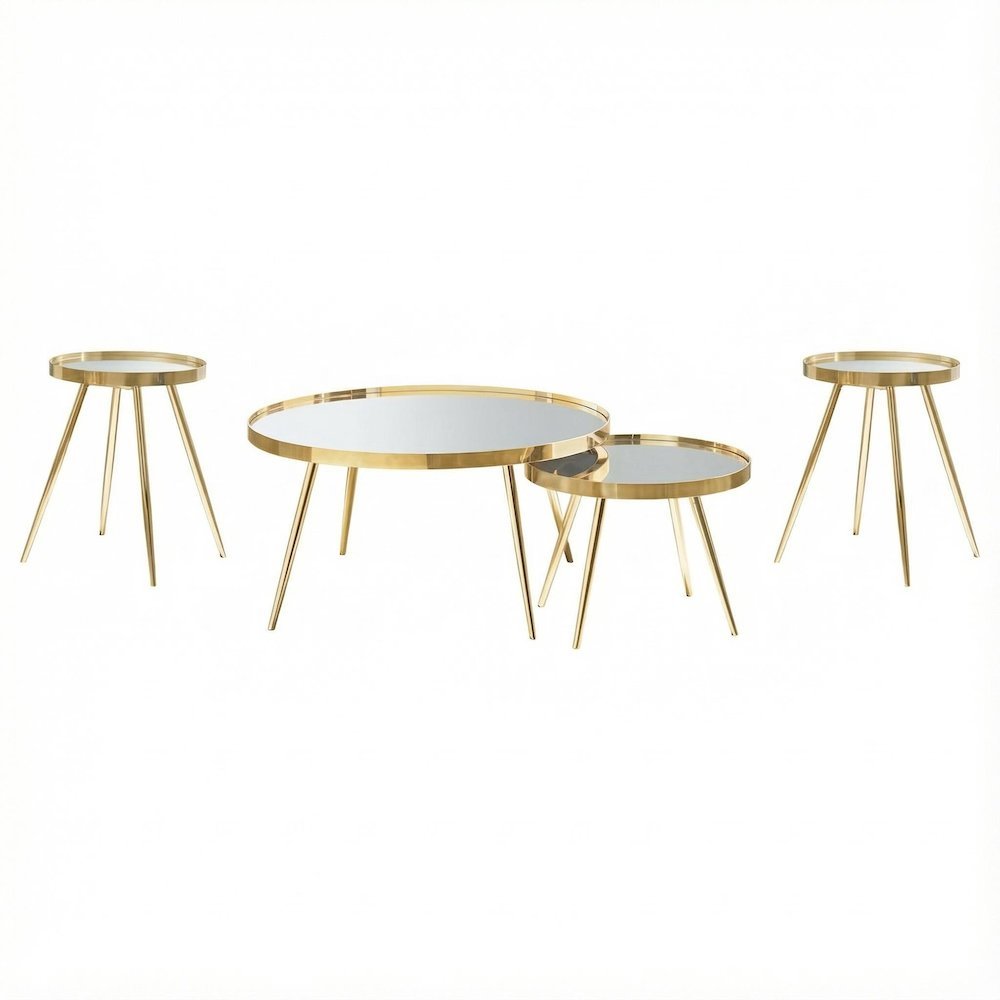 Gold 4-Piece Round Coffee and End Table Set, Contemporary Style. Picture 1