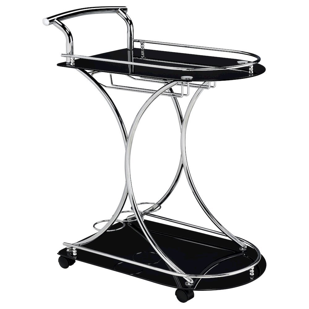 Contemporary Bar Cart, Black Glass, Chrome Metal, Wine & Stemware Storage. Picture 1