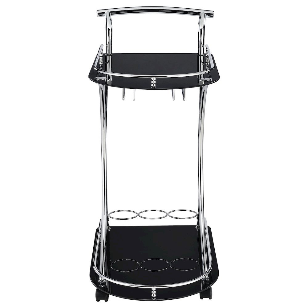 Contemporary Bar Cart, Black Glass, Chrome Metal, Wine & Stemware Storage. Picture 4