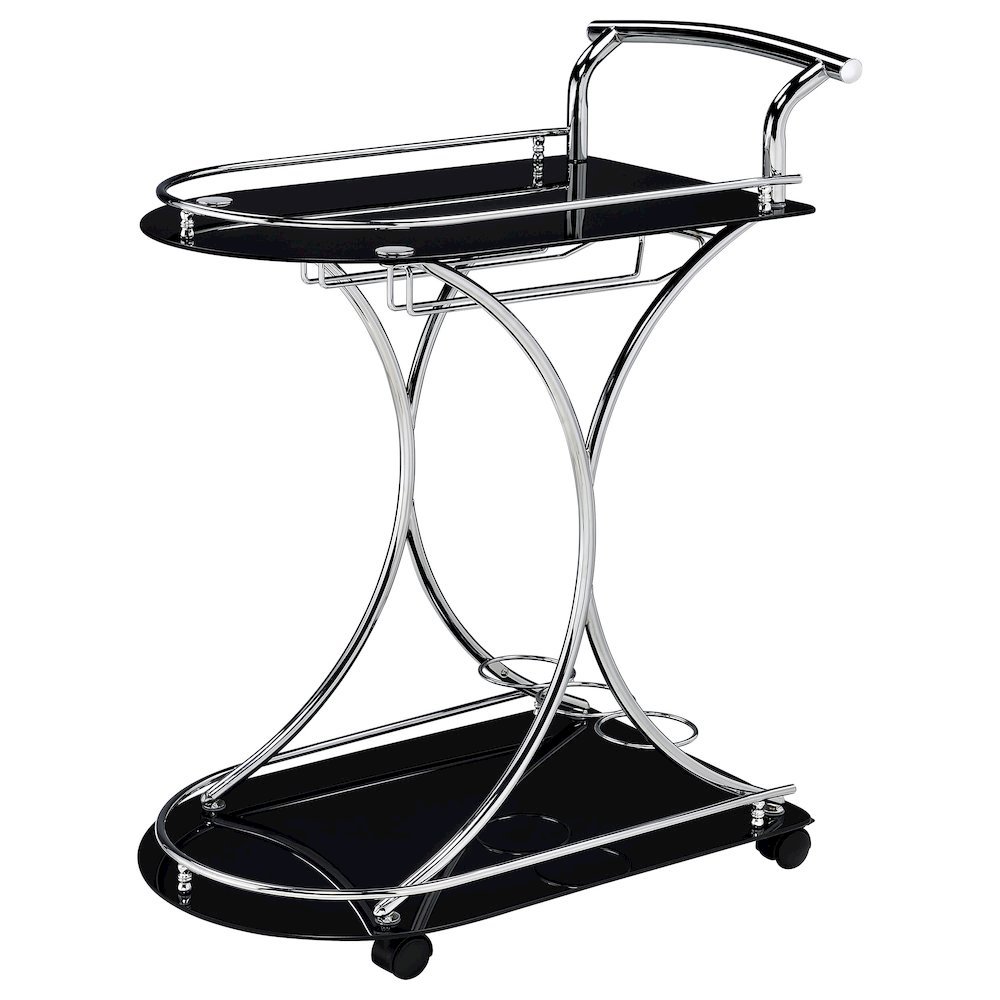 Contemporary Bar Cart, Black Glass, Chrome Metal, Wine & Stemware Storage. Picture 5