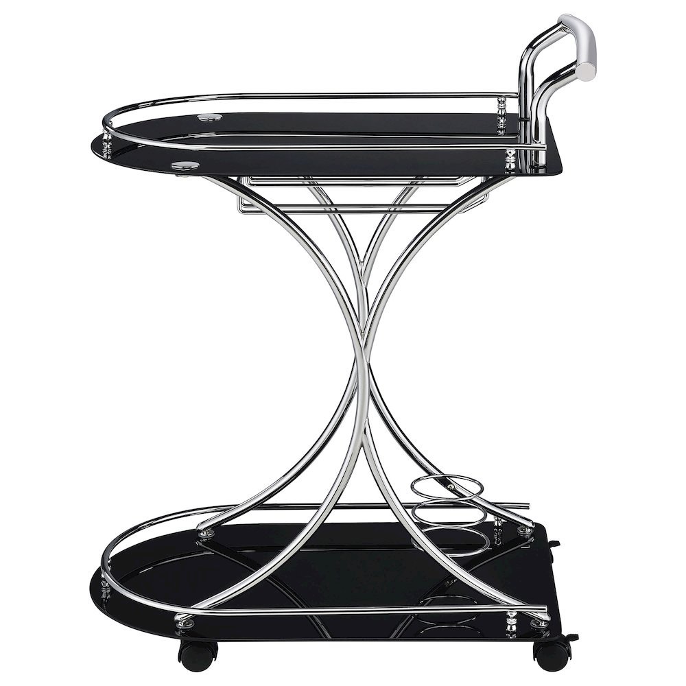 Contemporary Bar Cart, Black Glass, Chrome Metal, Wine & Stemware Storage. Picture 6