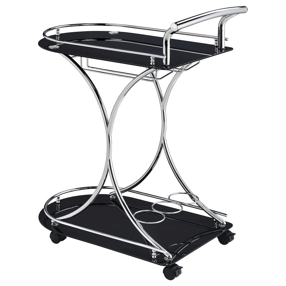 Contemporary Bar Cart, Black Glass, Chrome Metal, Wine & Stemware Storage. Picture 7