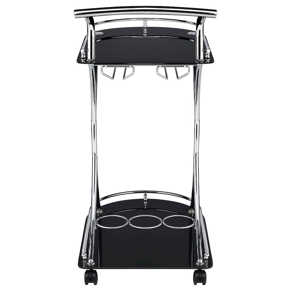 Contemporary Bar Cart, Black Glass, Chrome Metal, Wine & Stemware Storage. Picture 8