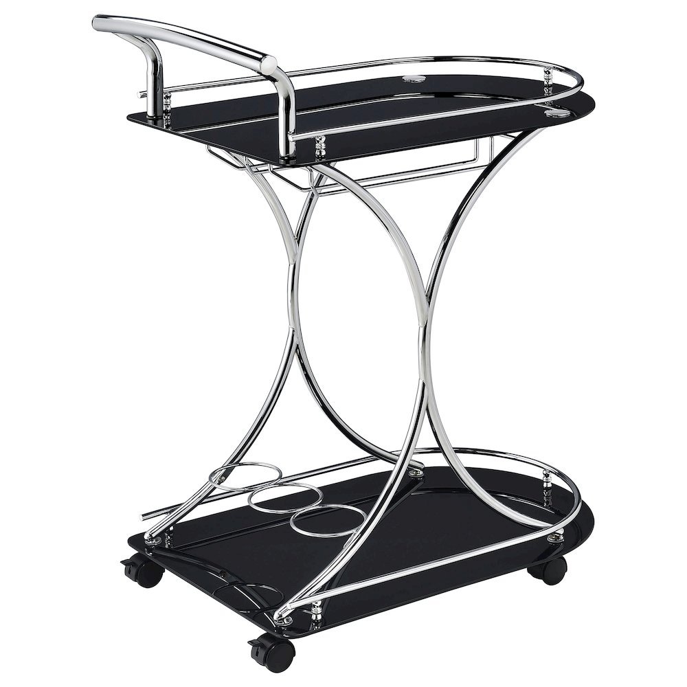 Contemporary Bar Cart, Black Glass, Chrome Metal, Wine & Stemware Storage. Picture 9