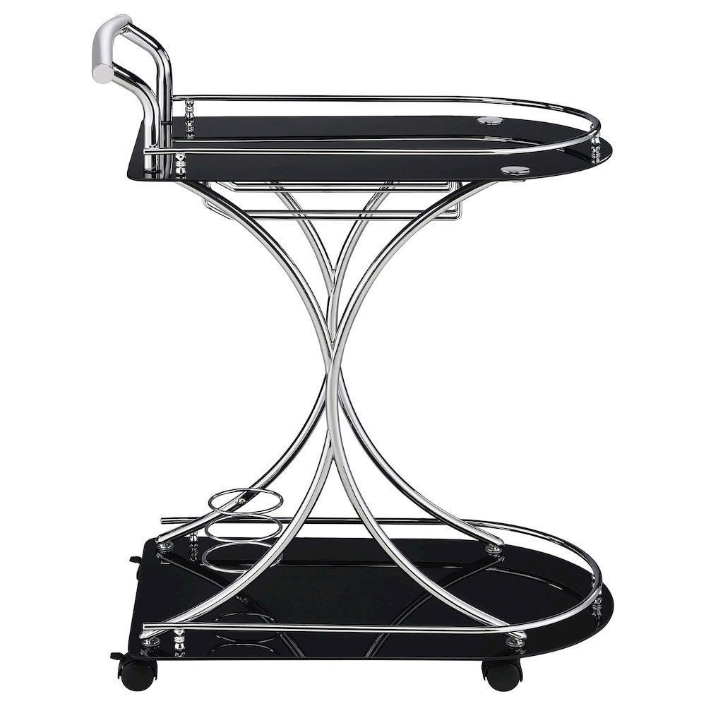 Contemporary Bar Cart, Black Glass, Chrome Metal, Wine & Stemware Storage. Picture 10
