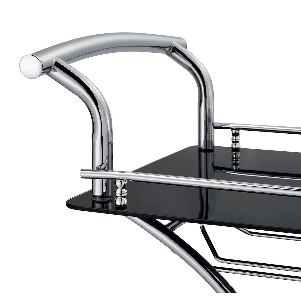 Contemporary Bar Cart, Black Glass, Chrome Metal, Wine & Stemware Storage. Picture 11