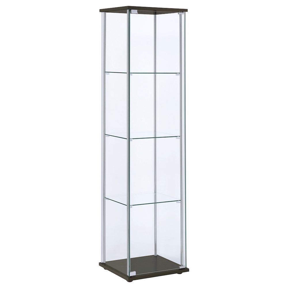 Modern Curio Cabinet, Clear Glass Shelves, Cappuccino Finish. Picture 1