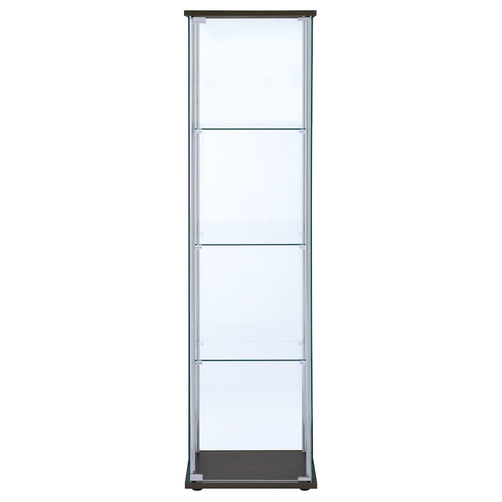 Modern Curio Cabinet, Clear Glass Shelves, Cappuccino Finish. Picture 4