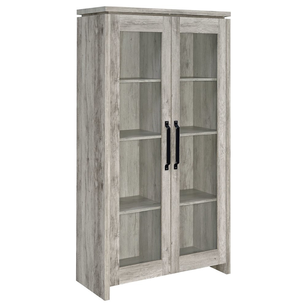 Modern 2-Door Tall Cabinet, Grey Driftwood, Glass Doors, Storage. Picture 1