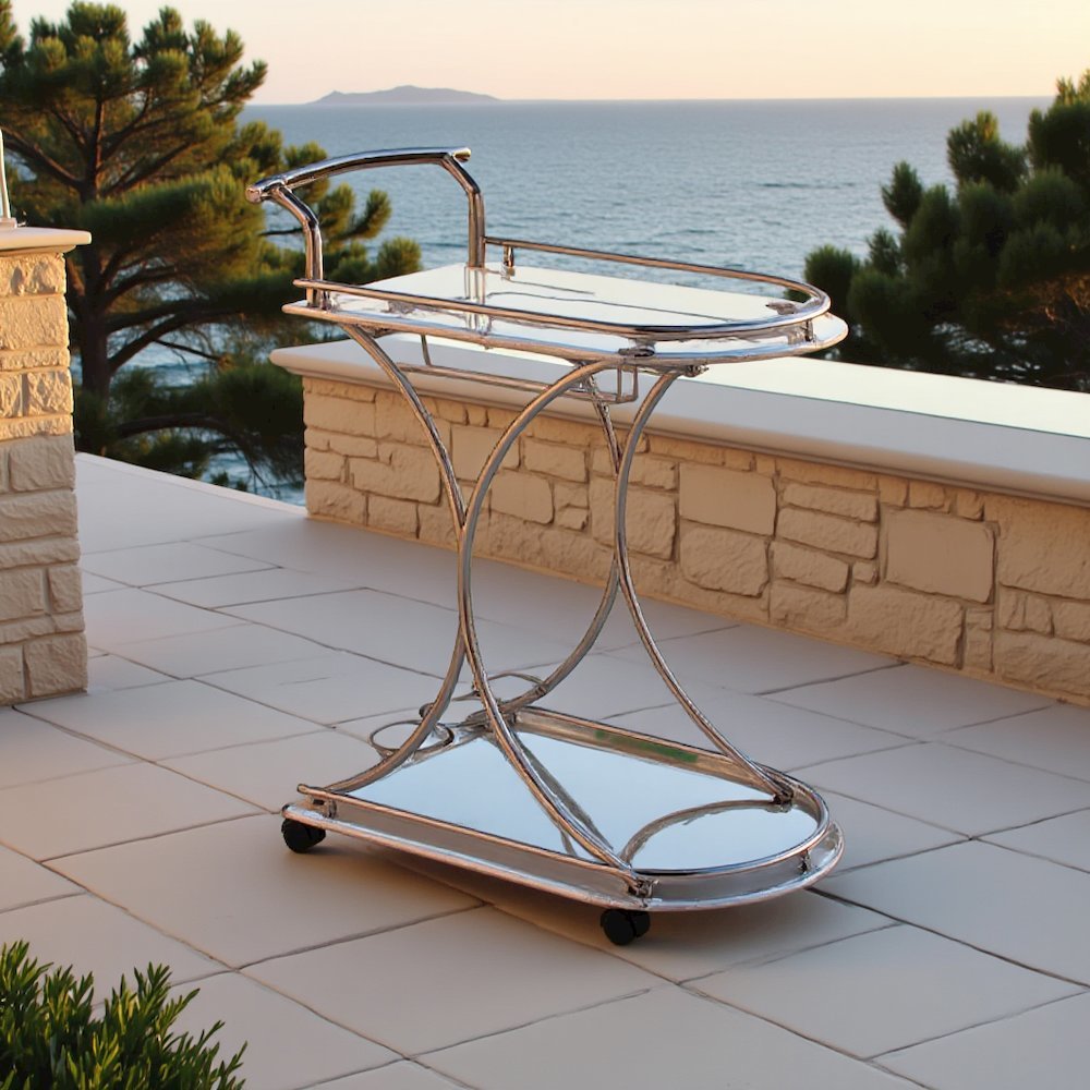 Modern 2-Shelf Bar Cart with Chrome Frame and White Glass for Home. Picture 4