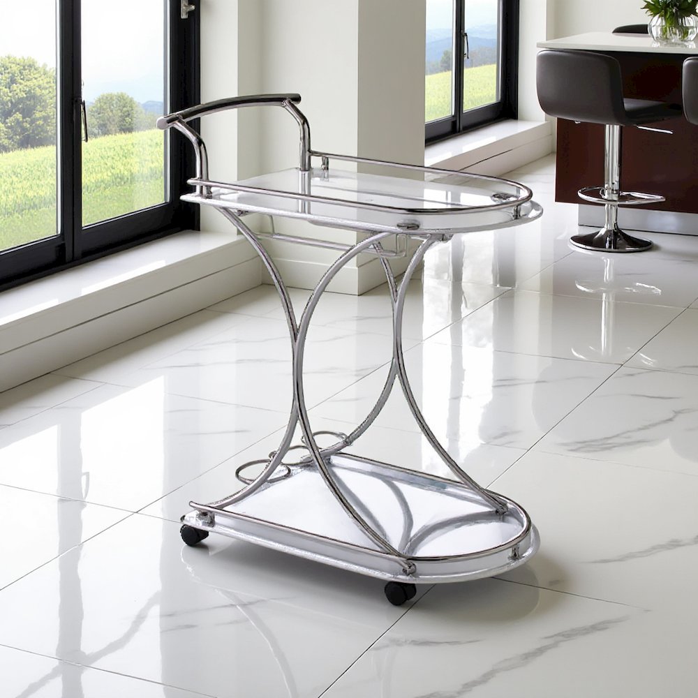 Modern 2-Shelf Bar Cart with Chrome Frame and White Glass for Home. Picture 3