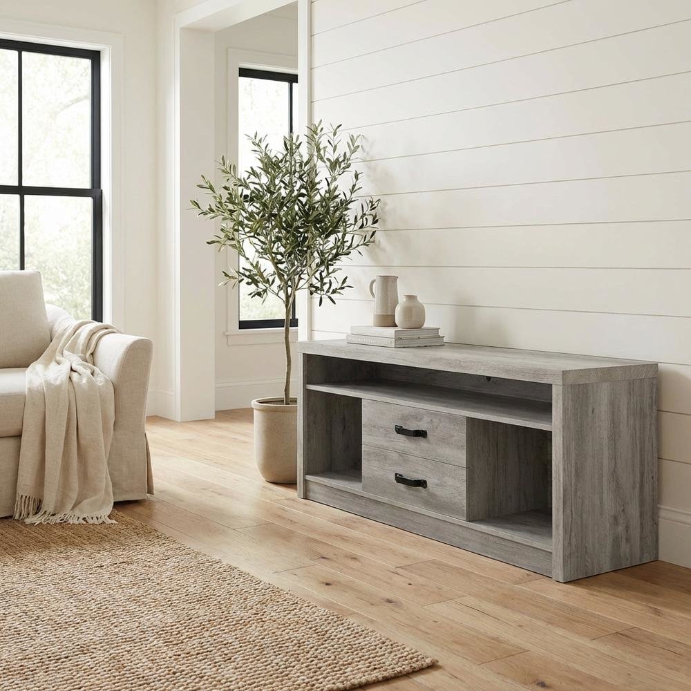 Engineered wood TV stand, two drawers in grey driftwood finish, transitional. Picture 3