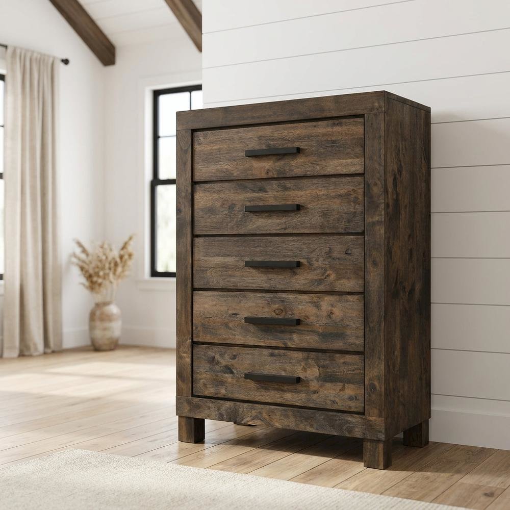 Rustic Golden Brown Bedroom Chest with 5 Drawers and Ample Storage. Picture 2
