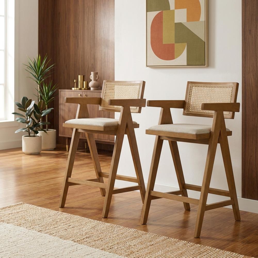 Woven Rattan Wood Bar Stool Light Walnut Set of 2 with Mid-Century Modern Design. Picture 2