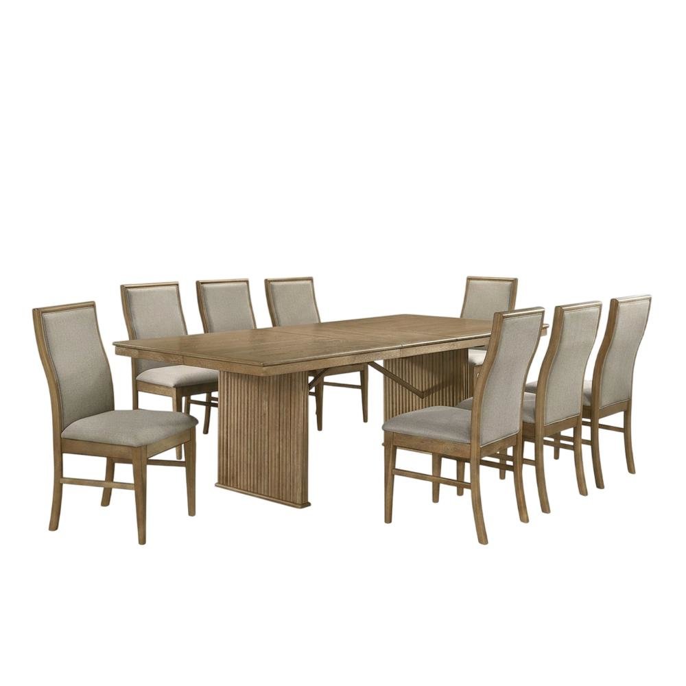 Distressed Light Brown Dining Set with 9 Pieces and Sturdy Construction. Picture 1